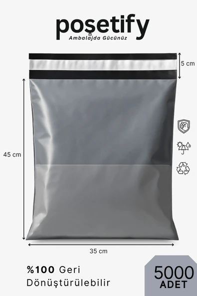 POŞETİFY Cepli Kargo Poşeti 35x45x5 cm | 5000 Adet | E-Ticaret Poşeti | Gri | Yapışkan Bantlı Kargo Zarfı ürün görseli