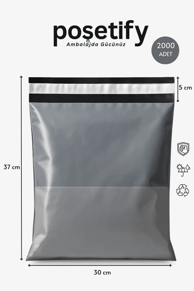 POŞETİFY Gri Cepli Kargo Poşeti 30X37+5 cm 2000 Adet E-Ticaret Poşeti | Yapışkan Bantlı Kargo Zarfı ürün görseli