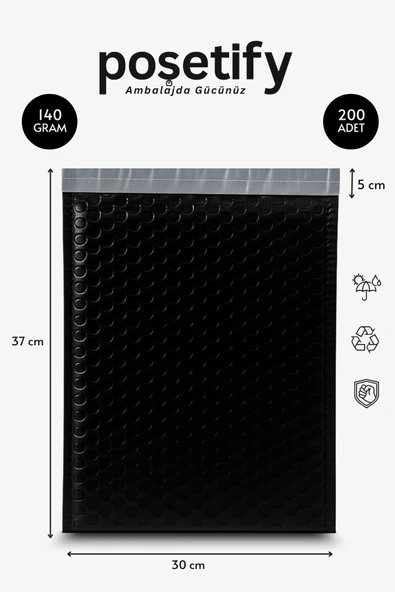POŞETİFY Balonlu Siyah Kargo Poşeti 30x37+5 cm | 140 gr Bantlı Patpatlı Kargo Poşeti | 200’lü ürün görseli