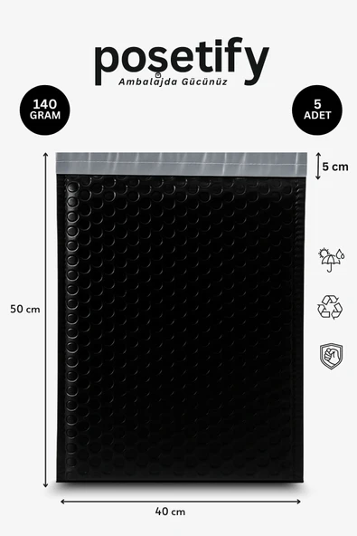 POŞETİFY Balonlu Siyah Kargo Poşeti 40x50+5 cm | 140 gr Bantlı Patpatlı Kargo Poşeti | 5’li E-Ticaret Poşeti ürün görseli