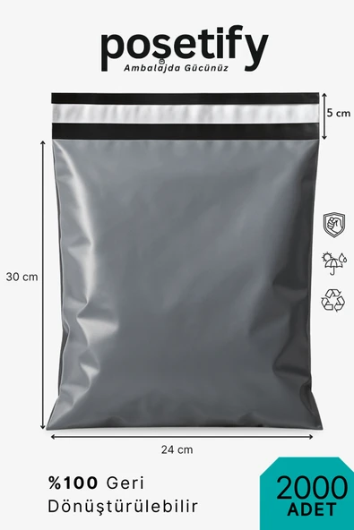 POŞETİFY Cepsiz Kargo Poşeti 24x30x5 cm | 2000 Adet | E-Ticaret Poşeti | Gri | Yapışkan Bantlı Kargo Zarfı ürün görseli