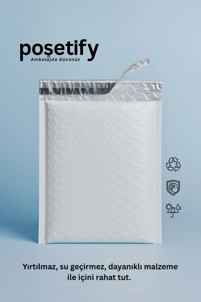 POŞETİFY Balonlu Beyaz Kargo Poşeti 25x30+5 cm | 140 gr Bantlı Patpatlı Kargo Poşeti | 50’li E-Ticaret Poşeti - Resim 3