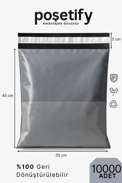 POŞETİFY Cepli Kargo Poşeti 35x45x5 cm | 10000 Adet | E-Ticaret Poşeti | Gri | Yapışkan Bantlı Kargo Zarfı ürün görseli
