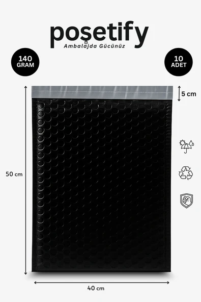 POŞETİFY Balonlu Siyah Kargo Poşeti 40x50+5 cm | 140 gr Bantlı Patpatlı Kargo Poşeti | 10’li E-Ticaret Poşeti ürün görseli