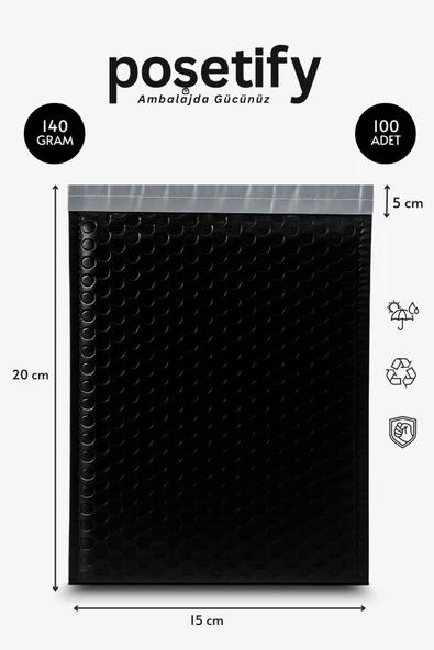 POŞETİFY Balonlu Siyah Kargo Poşeti 15x20+5 cm | 140 gr Bantlı Patpatlı Kargo Poşeti | 100’lü ürün görseli