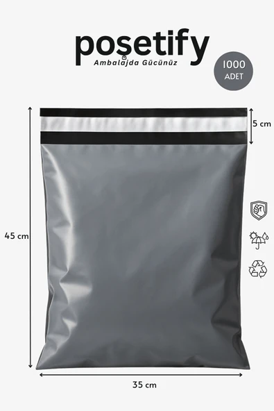 POŞETİFY 1000 Adet Cepsiz Kargo Poşeti 35x45+5 cm | Gri Renk Yapışkan Bantlı Gönderi Zarfı | E-Ticaret Poşeti ürün görseli