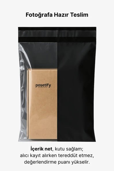 POŞETİFY Tek Tarafı Şeffaf Kargo Poşeti 40X50X5 cm | 500 Adet | Siyah | Yapışkan Bantlı E-Ticaret Poşeti - Resim 6