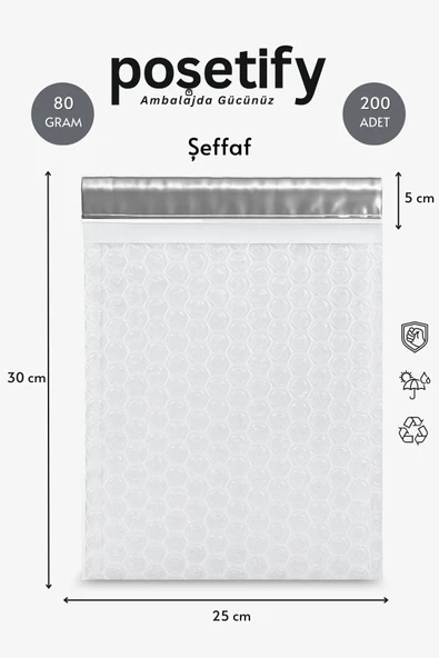 POŞETİFY Balonlu Şeffaf Kargo Poşeti 25x30 5 Cm 200 Adet | 80 gr Bantlı Patpatlı Kargo Poşeti ürün görseli