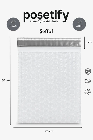 POŞETİFY Balonlu Şeffaf Kargo Poşeti 25X30+5 cm | 80 gr Bantlı Patpatlı Kargo Poşeti | 20’li E-Ticaret Poşeti ürün görseli