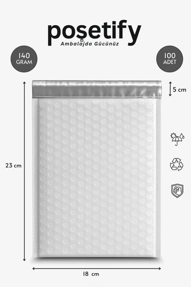 POŞETİFY Balonlu Beyaz Kargo Poşeti 18x23+5 cm | 140 gr Bantlı Patpatlı Kargo Poşeti | 100’lü ürün görseli