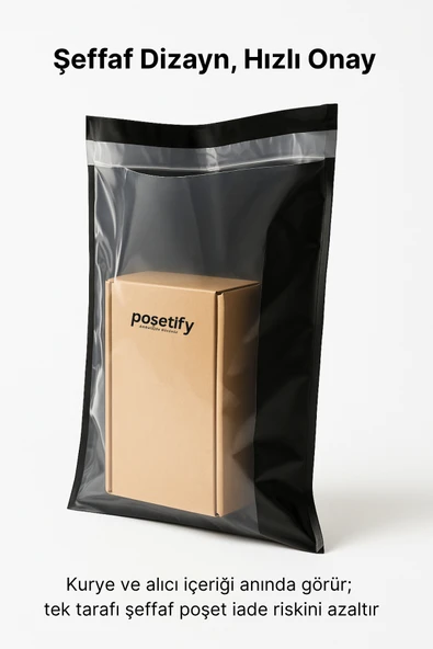 POŞETİFY Tek Tarafı Şeffaf Kargo Poşeti 35X45X5 cm | 2000 Adet | Siyah | Yapışkan Bantlı E-Ticaret Poşeti - Resim 5