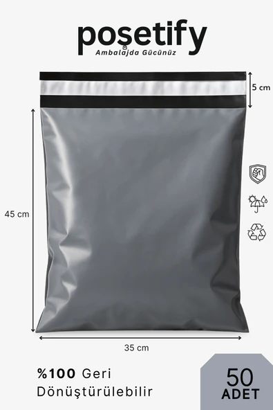 POŞETİFY Cepsiz Kargo Poşeti 35x45x5 cm | 50 Adet | E-Ticaret Poşeti | Gri | Yapışkan Bantlı Kargo Zarfı ürün görseli