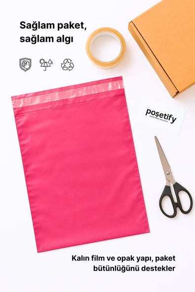 POŞETİFY Pembe Cepsiz Kargo Poşeti 25X30x5 cm | 2000 Adet | E-Ticaret Poşeti | Yapışkan Bantlı Kargo Zarfı - Resim 4