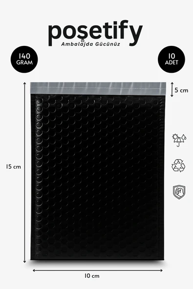 POŞETİFY Balonlu Siyah Kargo Poşeti 10x15+5 cm | 140 gr Bantlı Patpatlı Kargo Poşeti | 10’li E-Ticaret Poşeti ürün görseli