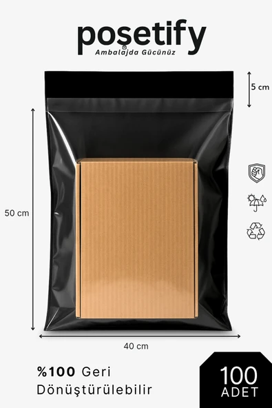 POŞETİFY Tek Tarafı Şeffaf Kargo Poşeti 40X50X5 cm | 100 Adet | Siyah | Yapışkan Bantlı E-Ticaret Poşeti ürün görseli