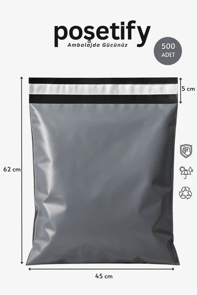 POŞETİFY 500 Adet Cepsiz Kargo Poşeti 45x62+5 cm | Gri Renk Yapışkan Bantlı Gönderi Zarfı | E-Ticaret Poşeti ürün görseli