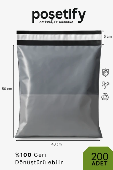 POŞETİFY Cepli Kargo Poşeti 40x50x5 cm | 200 Adet | E-Ticaret Poşeti | Gri | Yapışkan Bantlı Kargo Zarfı ürün görseli