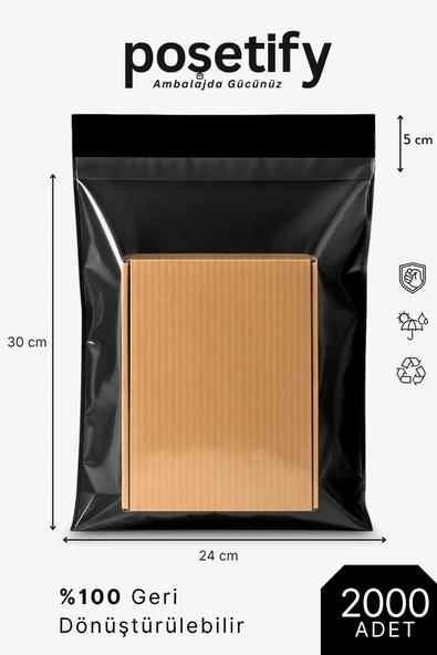 POŞETİFY Tek Tarafı Şeffaf Kargo Poşeti 24X30X5 cm | 2000 Adet | Siyah | Yapışkan Bantlı E-Ticaret Poşeti ürün görseli