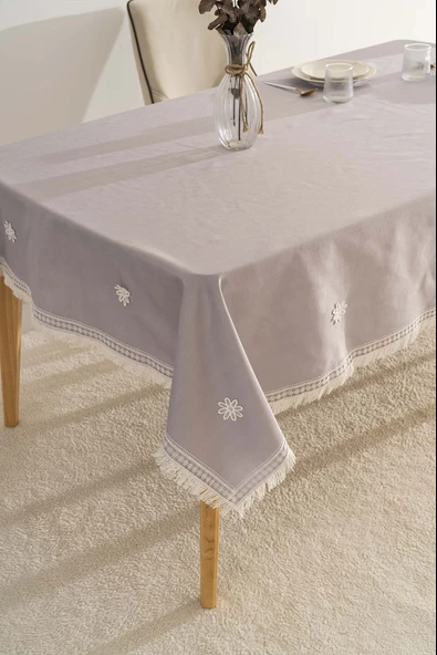 Silvio Gri Güpür Çiçekli Masa Örtüsü 160x220 cm - Resim 4
