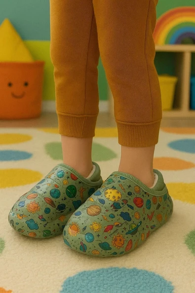 Peluş İçi Yünlü Kışlık Panduf Yeşil Gezegen Desenli Çocuk Ev Terliği ürün görseli