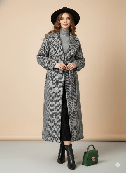 Balıksırtı/Chevron Desenli Yün Palto Kuşak Bağlama Detaylı Uzun Kaban Gri Kışlık - Resim 3