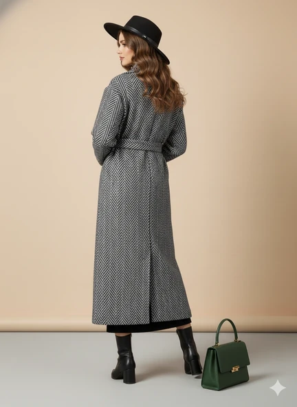 Balıksırtı/Chevron Desenli Yün Palto Kuşak Bağlama Detaylı Uzun Kaban Gri Kışlık - Resim 4