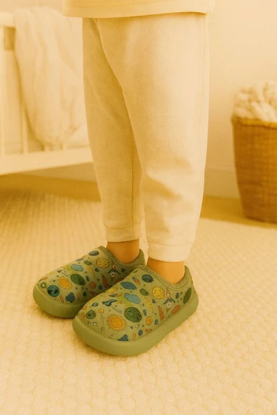 Peluş İçi Yünlü Kışlık Panduf Yeşil Gezegen Desenli Çocuk Ev Terliği - Resim 3