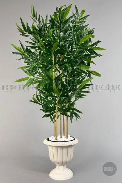 BİÇİÇEK Yapay Bambu Ağacı 170cm Büyük Yapraklı 5 Bambulu Kırık Beyaz Renk Nergis Saksıda Yapay Ağaç ürün görseli