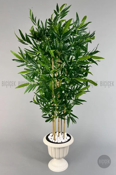 BİÇİÇEK Yapay Bambu Ağacı 170cm Büyük Yapraklı 5 Bambulu Kırık Beyaz Renk Nergis Saksıda Yapay Ağaç - Resim 2