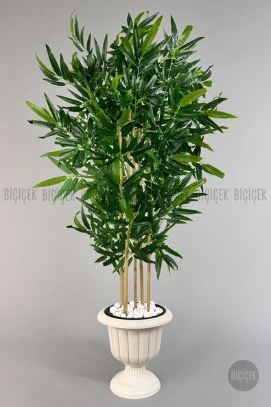 BİÇİÇEK Yapay Bambu Ağacı 170cm Büyük Yapraklı 5 Bambulu Kırık Beyaz Renk Nergis Saksıda Yapay Ağaç - Resim 5