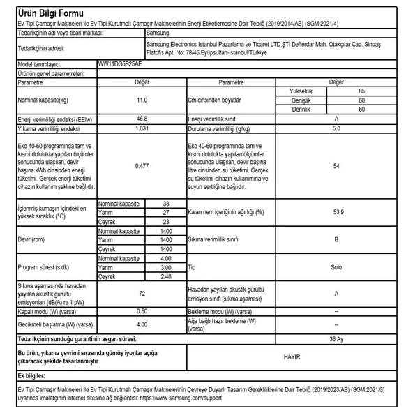 Samsung WW11DG5B25AEAH A Enerji Sınıfı 11 kg 1400 Devir Çamaşır Makinesi - Resim 2