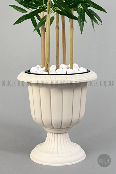 BİÇİÇEK Yapay Bambu Ağacı 170cm Büyük Yapraklı 5 Bambulu Kırık Beyaz Renk Nergis Saksıda Yapay Ağaç - Resim 3