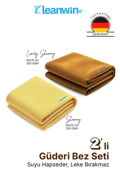 Kleanwin 2’li Premium Shammy Güderi Kurulama Bezi Seti 50x70 cm | Ultra Emici Araba Kurulama + Cam Bezi ürün görseli