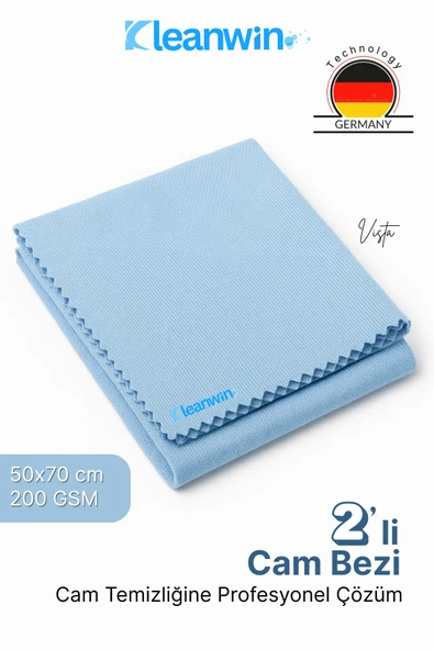 Kleanwin Vista 2’li Mikrofiber Cam Bezi Seti 50x70 cm, 200 GSM | Açık Mavi Renk Araç ve Ev Cam Temizlik Bezi ürün görseli