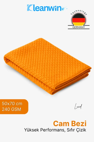 Kleanwin Lucid Mikrofiber Araba Cam Bezi 50x70 cm 240 GSM – Turuncu, İz Bırakmaz Cam Silme ve Kurulama Bezi ürün görseli