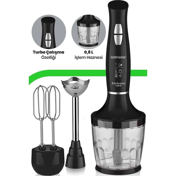 Goldmaster Kitchenmix 1000W Güçlü Motor Turbo Hız Ayarlı 3 In 1 Blender Set Siyah - Resim 2