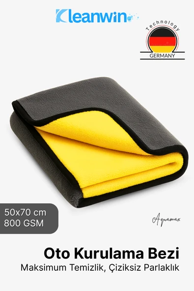 Kleanwin Aquamax Mikrofiber Oto Kurulama Havlusu 50x70 cm, 800 GSM | Emici Araç Yıkama ve Cam Temizlik Bezi ürün görseli
