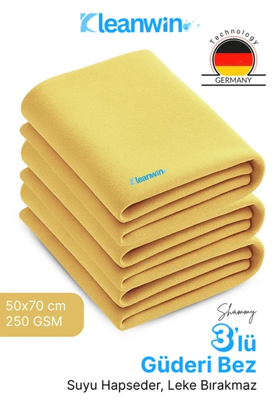 Kleanwin Shammy 3’lü Set Gold Güderi Bez | 50x70 cm | 240 GSM | Oto Kurulama Bezi, Emici Araç ve Ev Bezi ürün görseli