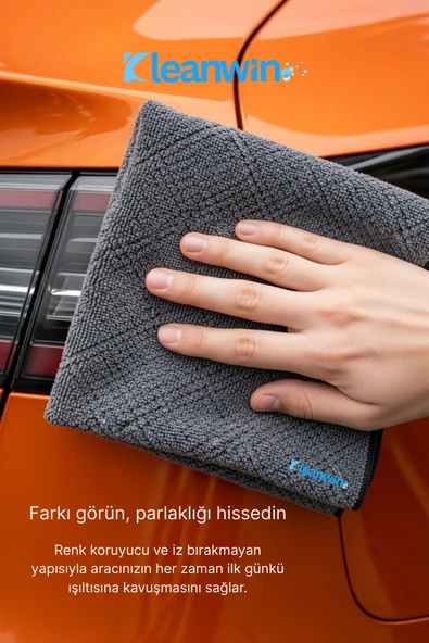 Kleanwin Lucid Mikrofiber Araba Cam Bezi 40x40 cm – Gri, İz Bırakmaz Cam Silme ve Kurulama Bezi - Resim 3