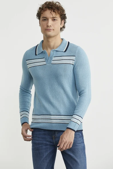 Polo Yaka Kilim Motifli Triko Kazak - Açık Mavi - Resim 2