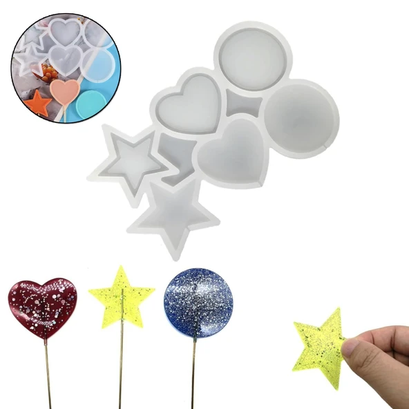 Silikon Çok Şekilli Lolipop Kalıbı (Yıldız, Yuvarlak, Daire) - Şeker & Çikolata Kalıbı ürün görseli