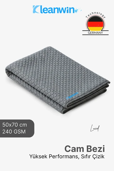 Kleanwin Lucid Mikrofiber Araba Cam Bezi 50x70 cm 240 GSM – Gri, İz Bırakmaz Cam Silme ve Kurulama Bezi ürün görseli