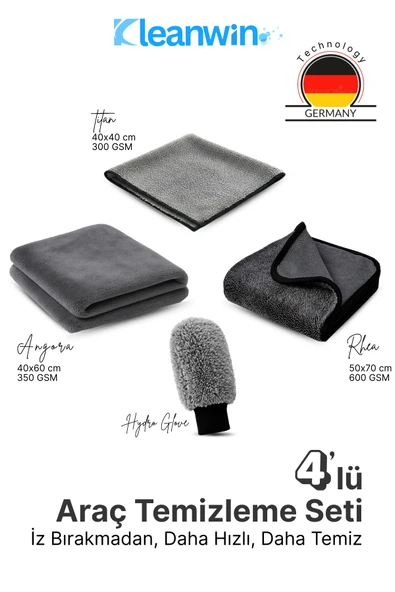 Kleanwin 4’lü Mikrofiber Oto Yıkama ve Kurulama Seti – Araç İç ve Dış Temizlik Bezleri ve Oto Yıkama Eldiveni ürün görseli