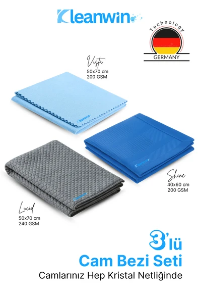 Kleanwin 3’lü Mikrofiber Cam Bezi Seti | Sihirli Cam Bezi + Araba Cam Bezi + İz Bırakmayan Cam Temizlik Bezi ürün görseli