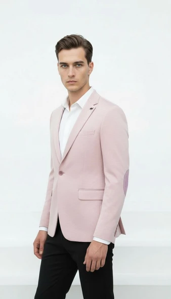 Plus Scorpion Açık Pembe Erkek İtalyan Kesim Blazer Ceket – Kol Yamali, Slim Fit, Şık ve Modern Tasarım - Resim 2