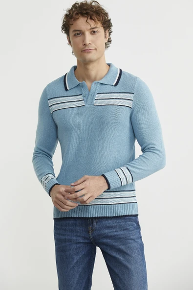 Polo Yaka Kilim Motifli Triko Kazak - Açık Mavi - Resim 4