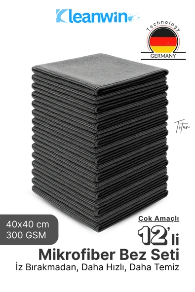 Kleanwin 12’li Titan Mikrofiber Bez Seti 40x40 cm 300 GSM | Leke Bırakmaz Çok Amaçlı Temizlik Bezi Seti ürün görseli