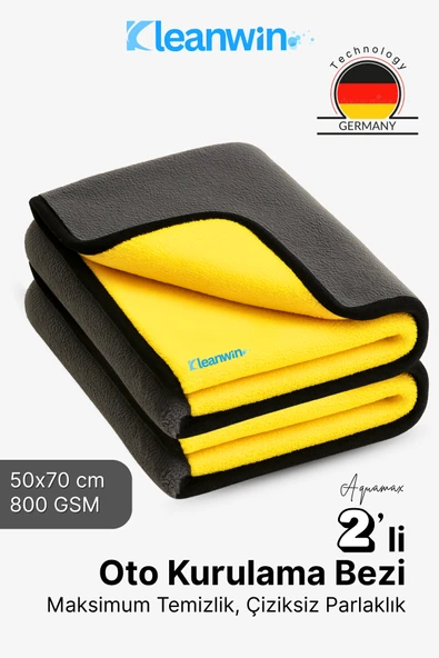 Kleanwin AquaMax 2’li Set 50x70 cm Mikrofiber 800 GSM Oto Kurulama Havlusu – Çift Katlı Ultra Emici Havlu ürün görseli