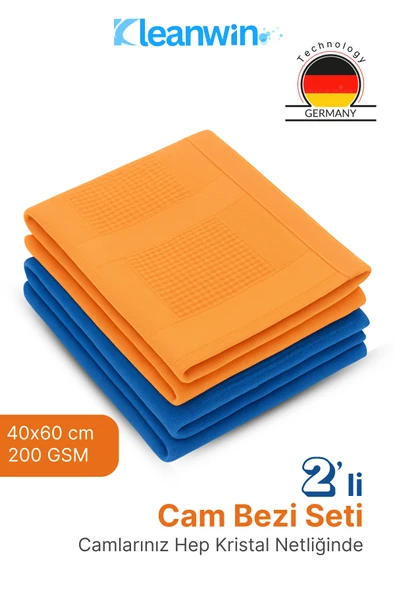 Kleanwin Shine 2’li 40x60Cm Mikrofiber Cam Bezi Seti – Mavi ve Turuncu, Ev ve Araç Cam Temizlik Bezi ürün görseli