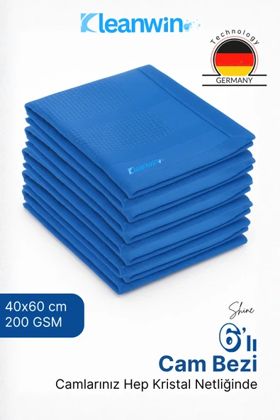Kleanwin Shine 6’lı Set 40x60cm Mikrofiber Cam Bezi Mavi–Ev ve Araç Temizlik Bezi, İz Bırakmaz Mikrofiber Bez ürün görseli